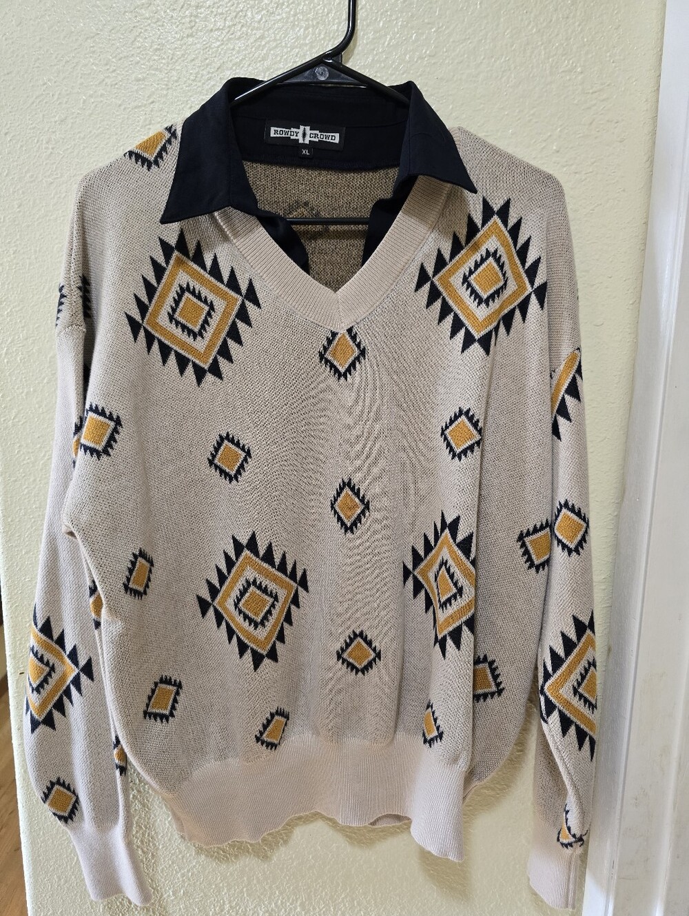 Rowdy Crowd Aztec Print V-Neck Sweater in Beige, Black & Mustard